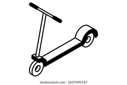 Ride icon, simple and cute isometric black and white line drawing icon of a kickboard, Vector Illustration