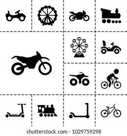 Ride icons. set of 13 editable filled ride icons such as ferris wheel, bike, kick scooter, locomotive, bicycle, motorbike