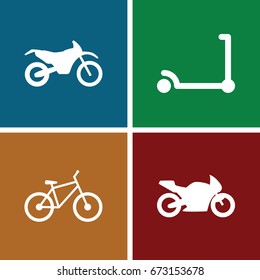 Ride icons set. set of 4 ride filled icons such as kick scooter, bicycle