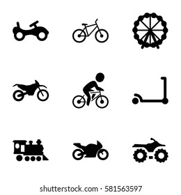 ride icons set. Set of 9 ride filled icons such as Ferris wheel, bike, kick scooter, locomotive, bicycle, motorbike