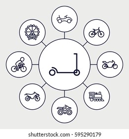 ride icons set. Set of 9 ride outline icons such as Ferris wheel, bike, kick scooter, locomotive, bicycle, motorbike