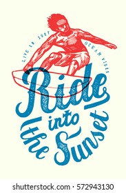 Ride Into The Sunset Realistic Vintage Surfer Red And Blue Print