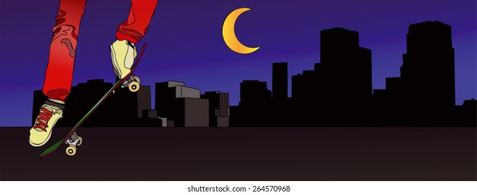 A ride into town - Illustration representing a boy with a skateboard, a city in the background