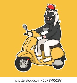 Ride a Motorcycle with pet, cat Meme Sticker Vector Cute Illustration