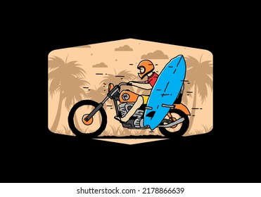 Ride motorcycle with surfing board illustration design