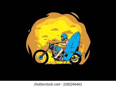 Ride motorcycle with surfing board illustration design