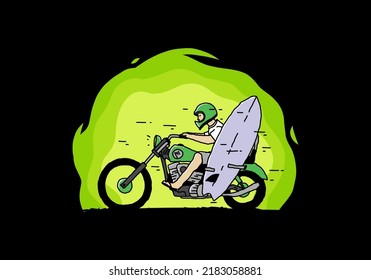 Ride motorcycle with surfing board illustration design