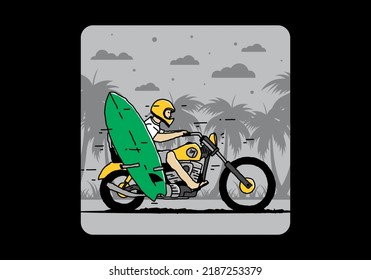 Ride motorcycle with surfing board illustration design