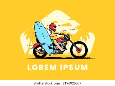 Ride motorcycle with surfing board illustration design
