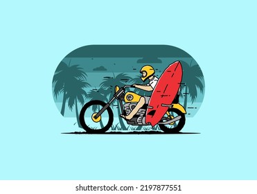 Ride motorcycle with surfing board illustration design