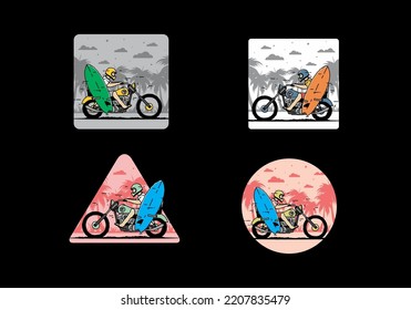 Ride motorcycle with surfing board illustration design
