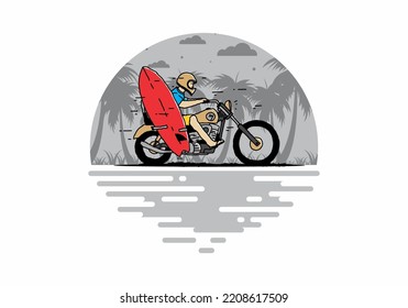 Ride motorcycle with surfing board illustration design