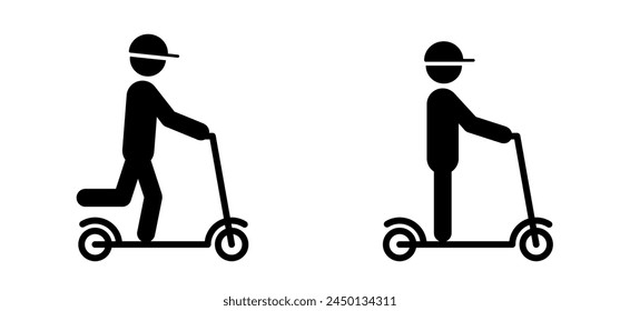 Ride on a bike or step on street or road. Kids bicycl sign. City bicycle icon. electric scooter biker. Child cyclist. E scooter logo. Modern ecology vehicle. stickman on a ebike. Battery charging.