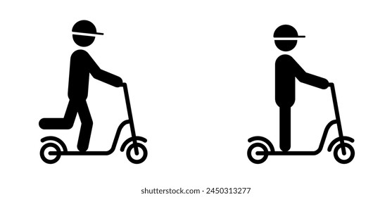 Monta en bicicleta o pisa la calle o la carretera. Señal de bicicleta para niños. Icono de bicicleta de la ciudad. motocicleta scooter eléctrico. Niño ciclista. E logo de scooter. Vehículo ecológico moderno. stickman en una bicicleta eléctrica. Carga de la batería.