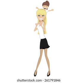 Ride on mommy! - A cute brunette little girl sit on her blonde mother's neck