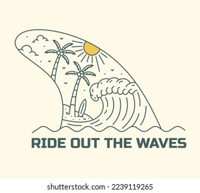 Ride out the waves and enjoy the summertime in mono line for badge, sticker, patch, t shirt design vector