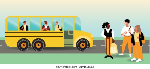 Ride To School By School Bus, Flat Vector Stock Illustration With Kids Inside And Outside Transport