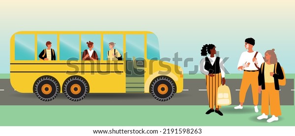 Ride to school by school\
bus, flat vector stock illustration with kids inside and outside\
transport