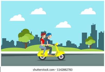 ride a scooter in the park, vector illustration