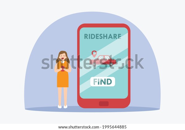 Ride share vector concept: Young\
woman waiting her online taxi while using her cellphone\
