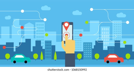 Ride Share Vector Illustration Flat City Skyline