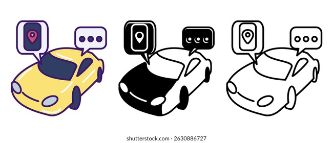 Ride Sharing Driver icon represented by car, digital maps Line, Filled, Color style.