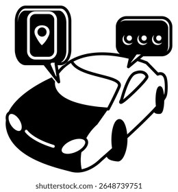 Icono del conductor representado por el coche, mapas digitales estilo relleno negro.