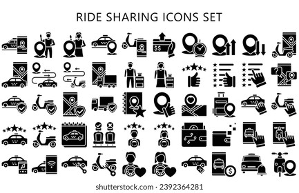 Ride sharing glyph icons set. contain pin location, passenger, map. direction, taxi and more. use for modern concept, best for UI or UX kit, web and app development. vector EPS 10.