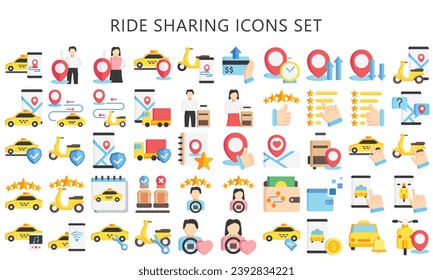 Juego de iconos de varios colores para compartir rutas. contener la ubicación del pin, el pasajero, el mapa. dirección, taxi y más. uso para el concepto moderno, mejor para el kit de interfaz de usuario o UX, desarrollo de aplicaciones y web. vector EPS 10.
