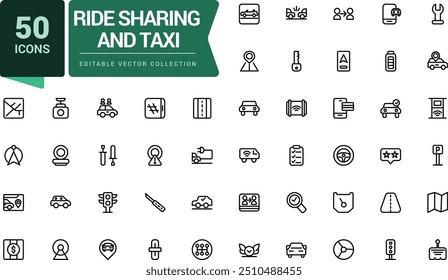 Ride sharing and taxi icon set. Car rental service and sharing. Pixel perfect, minimalistic web and UI icon. Outline icon collections. Editable vector illustration.