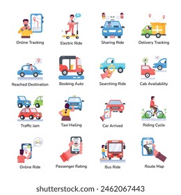 Ride Sharing and Transportation Flat Icons 

