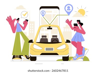 Ride Sharing Vector Illustration Featuring Shared Transportation Services Using Vehicles to Transport Passengers from One Place to Another