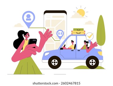 Ride Sharing Vector Illustration Featuring Shared Transportation Services Using Vehicles to Transport Passengers from One Place to Another