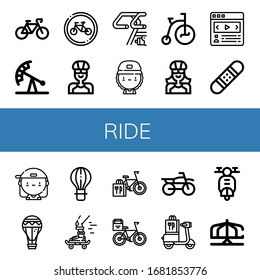 ride simple icons set. Contains such icons as Bicycle, Pendulum ride, Bikes, Cyclist, Bike, Skater, Tricycle, Biker, Carousel, Snowboard, can be used for web, mobile and logo