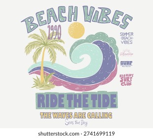 Ride the tide. Ocean wave are calling. Abstract wave artwork. Surfing club vector graphic design for apparel, stickers, posters, background and others. Palm beach artwork.