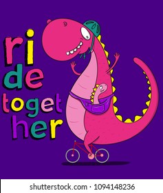 ride together, little Dino with her mother, they are riding a bicycle