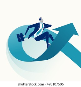 Ride Up. Businessman surfing the rising arrow. Business concept vector illustration.