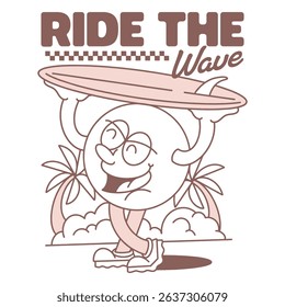 Ride The Wave Cartoon Character, Happy Surfer With Big Smile, Tropical Beach Comic Style Art, Fun Surfing Vibes T-Shirt Graphic