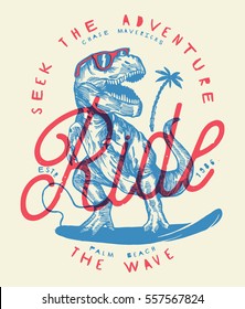 ride the wave - dinosaur surfer drawing vintage print.