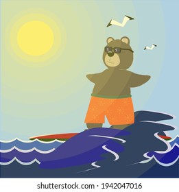 Pasa por la ola. Un oso gracioso en el surf. Surf. ... Ilustración con animal.