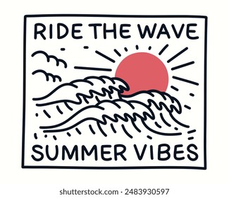 Ride the wave on summer mono line design illustration