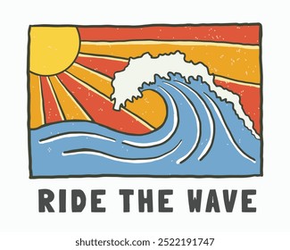 Ride the wave on the summer for vintage design t shirt badge sticker illustration 