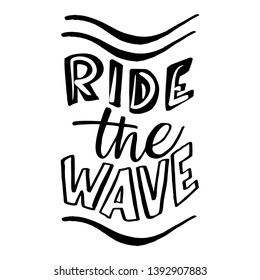 Ride the wave. Summer labels, logos, hand drawn tags and elements set for summer holiday, travel, beach vacation, sun. Vector illustration. 