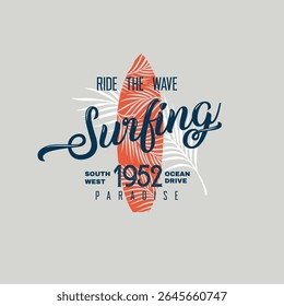 Ride the wave Surfing paradise surf board leaf vector graphic