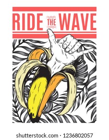 Ride the wave. Vector pattern with hand drawn illustration of banana with shaka hand isolated. Creative tattoo artwork. Template for card, poster, banner, print for t-shirt, pin, badge, patch.