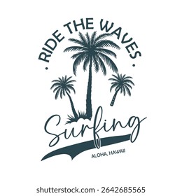 Ride The Waves Hawaii Surf Tropical Retro Design.
Elegant Hawaii surfing theme with palm trees and wave, ideal for summer apparel and ocean lifestyle prints.