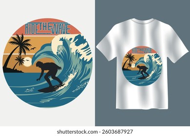 Ride the waves in style with this retro surfing vector design! A silhouette surfer carves through ocean waves at sunset and vintage typography. Perfect for t-shirts, posters, and beach lovers.