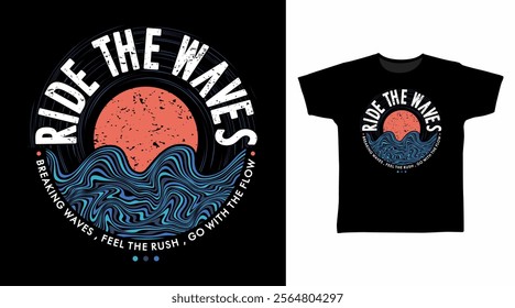 Ride the waves typography with line art hand drawn, vector ready for print on t-shirt and other uses.