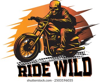 The "Ride Wild" motorbike rider t-shirt design features a rugged, dynamic illustration of a rider speeding through an open road, embodying the spirit of freedom and adventure. 