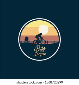 ride your bicycle , badge silhouette background sun rise. logo badge sign patch design